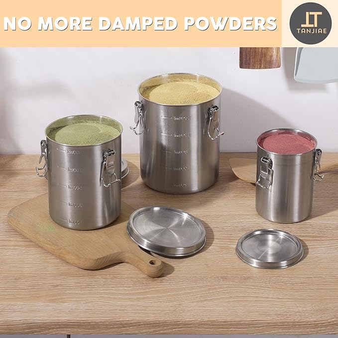 Compact Stainless Steel 100% Airtight Canisters Sets for Small Kitchens | Metal Food Storage Containers with Lids Sealed - Keep Flour, Sugar, Coffee, Tea Fresh for Months (18+35+56 fl oz)
