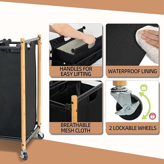 STORAGE MANIAC 3 Section Laundry Sorter, 35.9 Gal (136 L) Laundry Hamper Cart with Heavy Duty Rolling Lockable Wheels and Removable Bags, Clothes Organizer Basket Clothes Separator Hamper, Bamboo