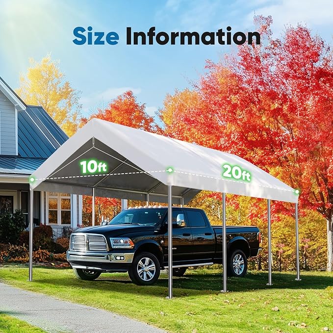 ADVANCE OUTDOOR Replacement Top Cover Tarp for 10x20 ft Carport Canopy with Ball Bungees, White, One Roof Only