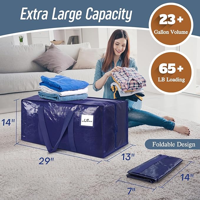 6 Pack Extra Heavy Duty Large Moving Bags with Strong Zipper & Comfortable Handles, Sturdy & Durable Clothes Storage Bags Totes Bins, Blue Packing Moving Boxes for College Supplies, Dark Blue