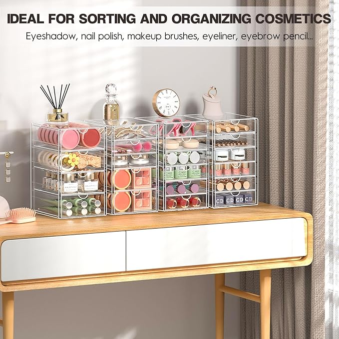 Acrylic Drawer Organizers - 21 Drawers 4 Set - Clear Storage Drawers for Office Supplies - Stackable Makeup Organizer - Dustproof Desk Organizers for Makeup, Jewelry, Pen, Stationary