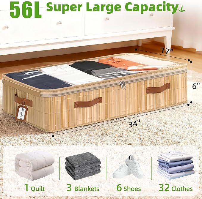 Livole Bamboo Under Bed Storage, 6 inches Underbed Storage Containers, 56L XXL Under Bed Storage Bins with Clear Lid & Label for Clothes, Blankets, Sweater, Shoes, 1 Pack