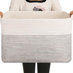 OIAHOMY Large Blanket Basket, 65L Cotton Rope Woven Laundry Basket, Toy Bin for Baby Room, Container for Blanket Storage in Living Room, 20''×16''×12'', Black & White