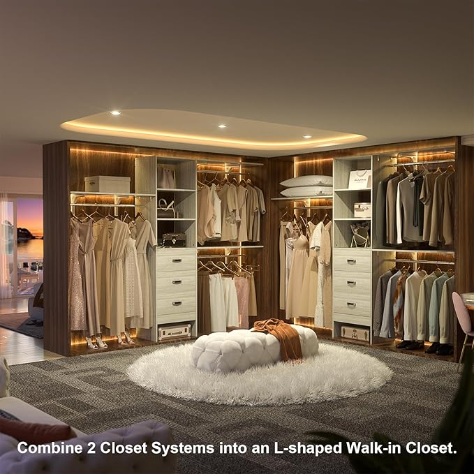 8FT Closet System, 96'' Closet Organizer System with 3 Hanging Rods, Wall Mount Bedroom Wardrobe with 3 Drawers Walk-in Closet, Adjustable Garment Rack from 5 to 8FT(Cut to Fit), White Oak