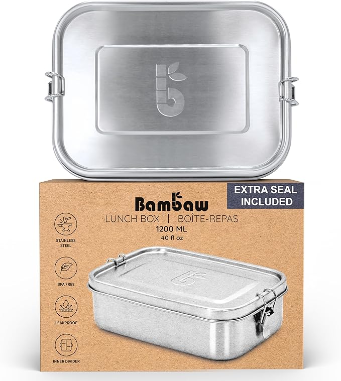 Bambaw Stainless Steel Lunch Box 40 oz, Metal Lunch Box with Adjustable Compartment, Leakproof Stainless Steel Bento, Food Grade Metal Sandwich Container