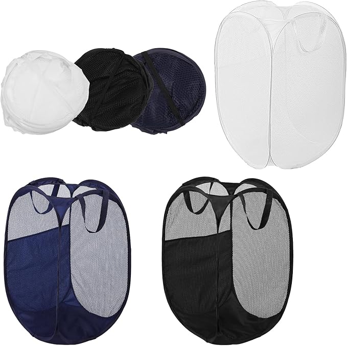 6Pcs Pop up Hampers for Laundry Foldable Mesh Laundry Hamper Baskets with Sturdy Handles Pop up Hamper Dirty Clothes Baskets for Bedroom College Dorm Travel Storage (Black/White/Blue)