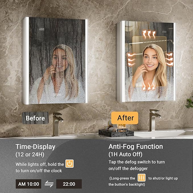 72x30 Lighted Medicine Cabinet Mirror with Lights & Smart Night Lamp -Surface or Recessed Medicine Cabinet with Outlet & Clock,Fogless Dimmable LED Storage Mirror,Built-in Sensor Light
