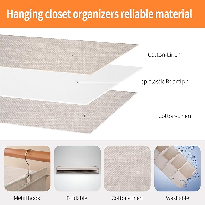 Large Hanging Sweater Organizer for Closet,Collapsible 6-Shelf Hanging Closet Shelves with Drawers, Washable (Beige -6 Shelf-1 d)