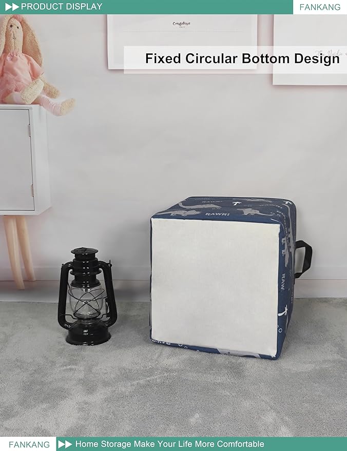 FANKANG Square Nursery Hamper Storage Bins Canvas Laundry Basket Foldable with Waterproof PE Coating Storage Baskets Gift Baskets for Children, Office, Bedroom, Clothes（Square-Blue dinosaur ）