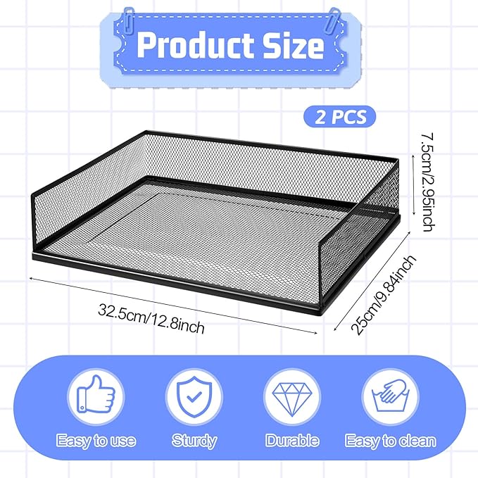 2 Pack Stackable Letter Tray, Wire Mesh Desk File Organizer Metal Desktop Paper Sorter Desk Tray Document Magazine Storage Basket for Home Office Supplies - Transverse Load, Black