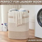 Laundry Basket with Handles - Blanket Basket & Hampers for Bedroom Aesthetic, Laundry Hamper & Blanket Storage for Living Room, Clothes Hamper, Tall, Large 17" x 14" x 22”, Brown & White