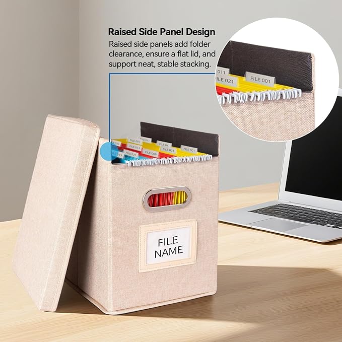 2 Pack Hanging File Folders Organizer with Lid, Letter Size Fabric File Storage Box Collapsible, Portable Office Document Holder with Metal Handle, Smooth PVC Rails, Beige