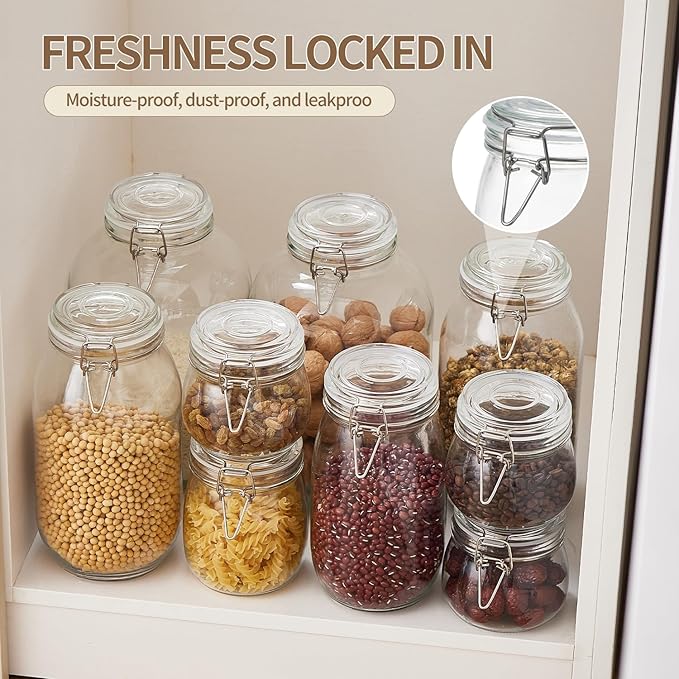 10oz Glass Food Storage Jars with Airtight Lids, Set of 8 – Clear Preserving Seal Wire Clip Fastening Canisters for Kitchen Canning, Flour, Cereal, Pasta, Sugar, Beans, Pickling Jars (10oz×8)