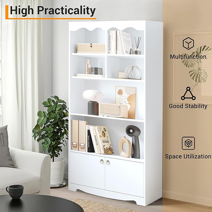 CABIHOME 63" Tall Bookshelf with Cabinet, 5-Tier Wood Bookcase with Wave Top, 6 Cubes & 2 Door Cabinets, Modern Display Storage Shelves with Gold Handles for Living Room, Bedroom & Home Office, White