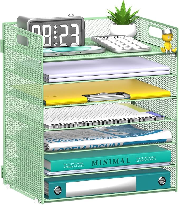 7 Tier Paper Organizer - Mesh Desktop File Holder with Handles for Office School Desk, Black (Mint green)