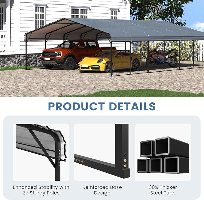 EROMMY 20x40 FT Metal Carport, Heavy Duty Carports with Galvanized Steel Roof and Frame, Sturdy Car-Shelter in All Weathers, Easy Assembly Car-Canopy for 2 Cars, SUV, Tractors and Boat, Gray