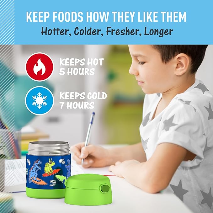 THERMOS FUNTAINER Insulated Food Jar, 10 Ounce, Kid Friendly Food Jar with Foldable Spoon, Daring Dinos