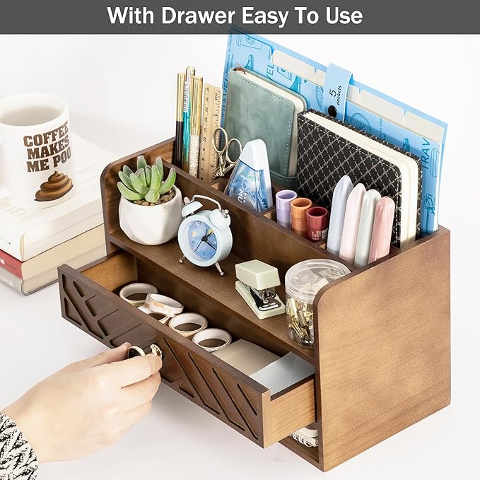 Brown Wood Desk Organizer and Accessories with Drawer, Bill Mail Organizer and File Mail Holder for Office Supplies, Desk Accessories & Workspace Organizers