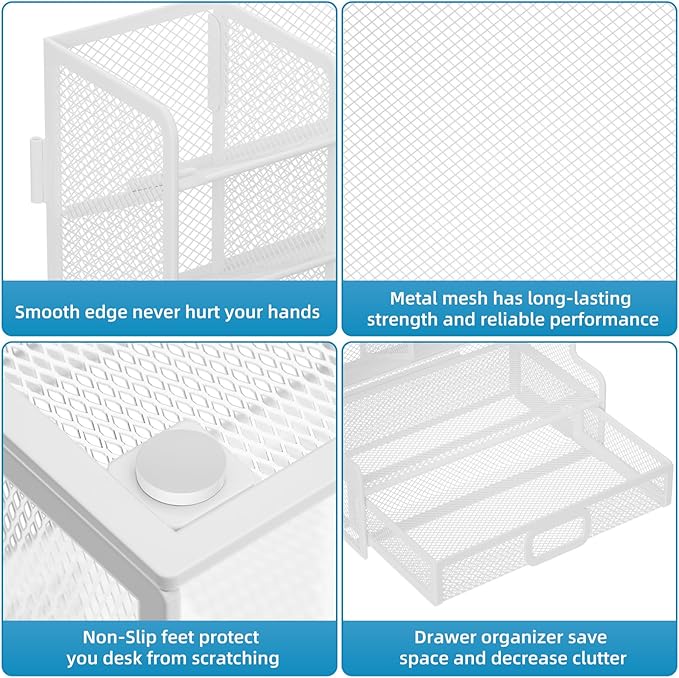 Marbrasse Larger Mesh Desk Organizer with Drawer, Multi-Functional Pen Pencil Holder, Easy Assembly, Desk Organizers and Accessories for Office Art Supplies (White)