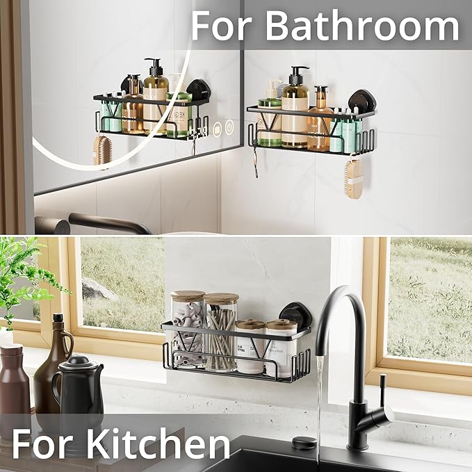 KEGII Shower Caddy Suction Cup with Hooks, Large Capacity Shower Suction Shelf, Heavy Duty Bathroom Organizer, No Drilling Stainless Steel Shampoo Holder for Bathroom Storage, Black