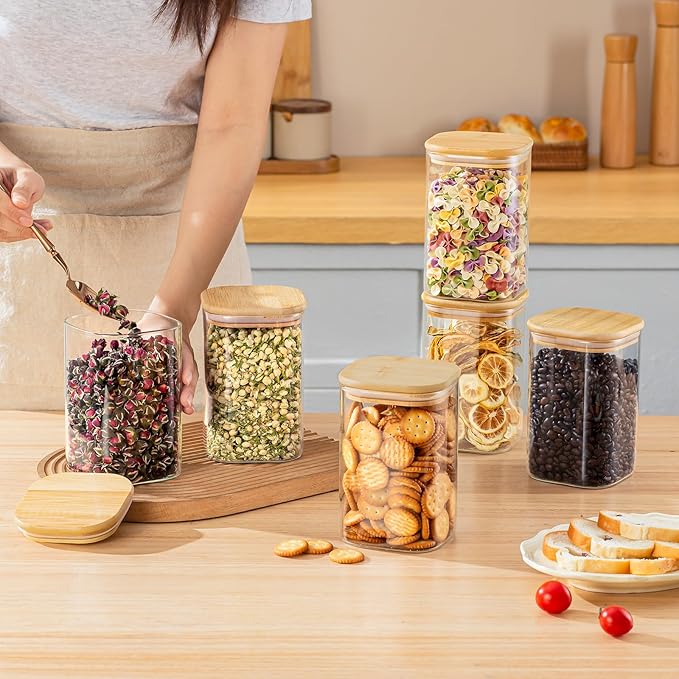 37 Oz Glass Storage Jars with Bamboo Lids - 6 Pack Clear Glass Canisters Square Airtight Stackable Ideal for Pantry Storage Containers Organizers Great for Storing Oats Coffee Beans Nuts etc