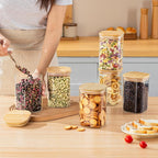 37 Oz Glass Storage Jars with Bamboo Lids - 6 Pack Clear Glass Canisters Square Airtight Stackable Ideal for Pantry Storage Containers Organizers Great for Storing Oats Coffee Beans Nuts etc