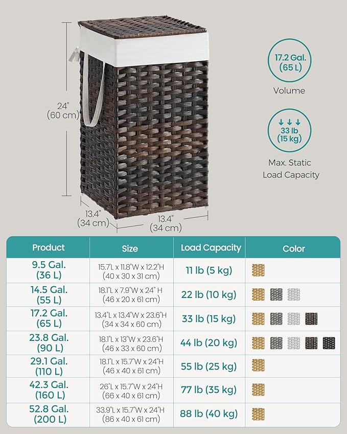 SONGMICS Laundry Hamper with Lid, 17.2 Gallon (65 L) Synthetic Rattan Clothes Laundry Basket with Lid and Handles, Foldable, Removable Liner, Chestnut Brown ULCB165K01