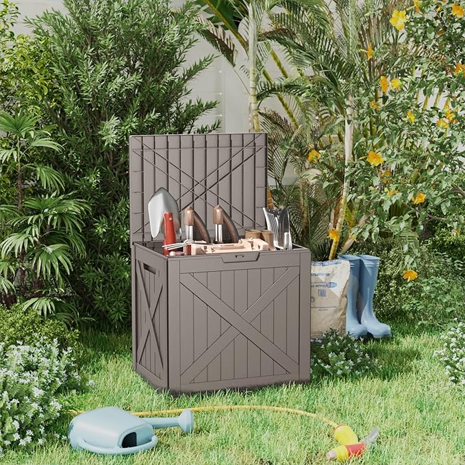 38 Gallon Outdoor Deck Box,Waterproof Resin Outdoor Storage Boxes, Outside Storage Lockable Container for Garden Tools,Indooor Cushions,Accessories (Grey)