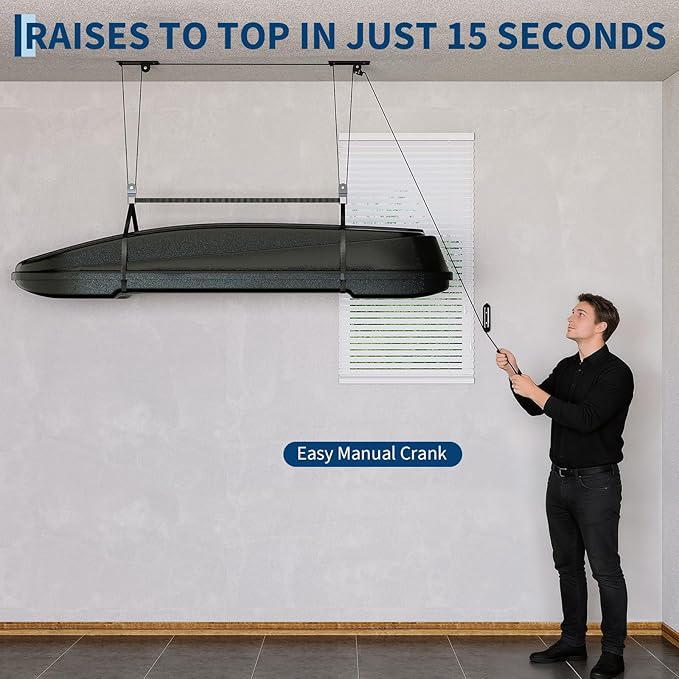 Cargo Box Garage Pulley System, Heavy‑Duty Overhead Hoist for Rooftop Cargo Boxes & Large Bins, 200 Lb Capacity, Fits 10–14 ft Garage Ceilings, Adjustable Straps & Dual Fixed‑Point Design