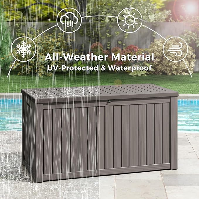 Outdoor Storage Box, Resin Deck Boxes Indoor and outdoor, Waterproof Storage Box Lockable Lid (Grey, 160 Gallon)