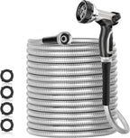 SPECILITE 175ft 304 Stainless Steel Garden Hose Metal, Heavy Duty Water Pipe with Nozzles for Yard, Outdoor - Flexible, Never Kink & Tangle, Puncture Resistant (Sliver)