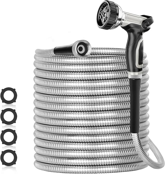 SPECILITE 175ft 304 Stainless Steel Garden Hose Metal, Heavy Duty Water Pipe with Nozzles for Yard, Outdoor - Flexible, Never Kink & Tangle, Puncture Resistant (Sliver)