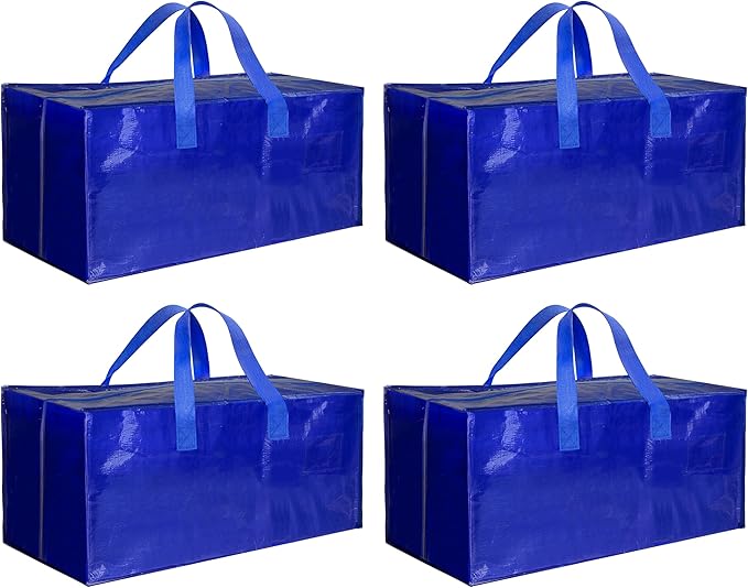 HealSmart 4 Pack Extra Large Moving Bags with Zippers & Carrying Handles, Heavy-Duty Storage Tote Moving Boxes for Dorm Room Essentials Storage Bags, Blue