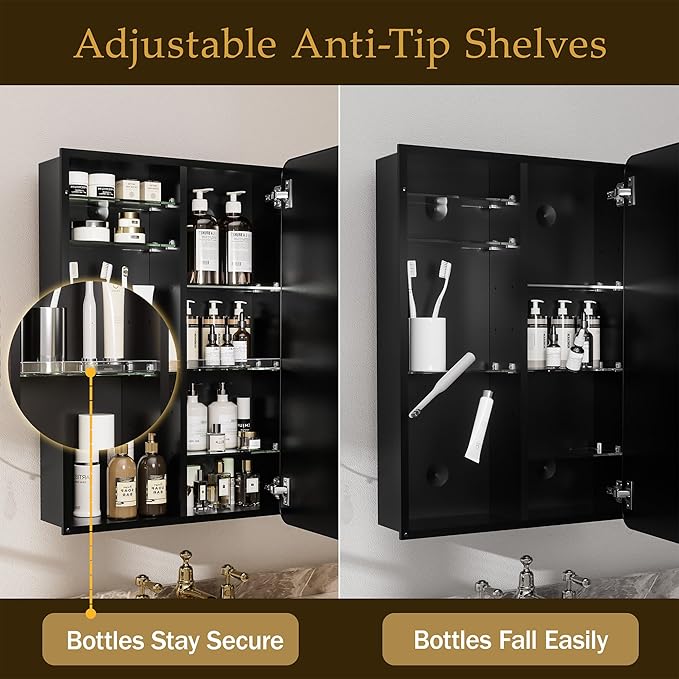 Medicine Cabinet with Mirror 20x26 Inch, Black Aluminum Bathroom Mirror Cabinet with Storage, 8 Adjustable Shelves Including 2 Anti-Tip Acrylic Boards, Recessed or Surface Mount, Soft Close