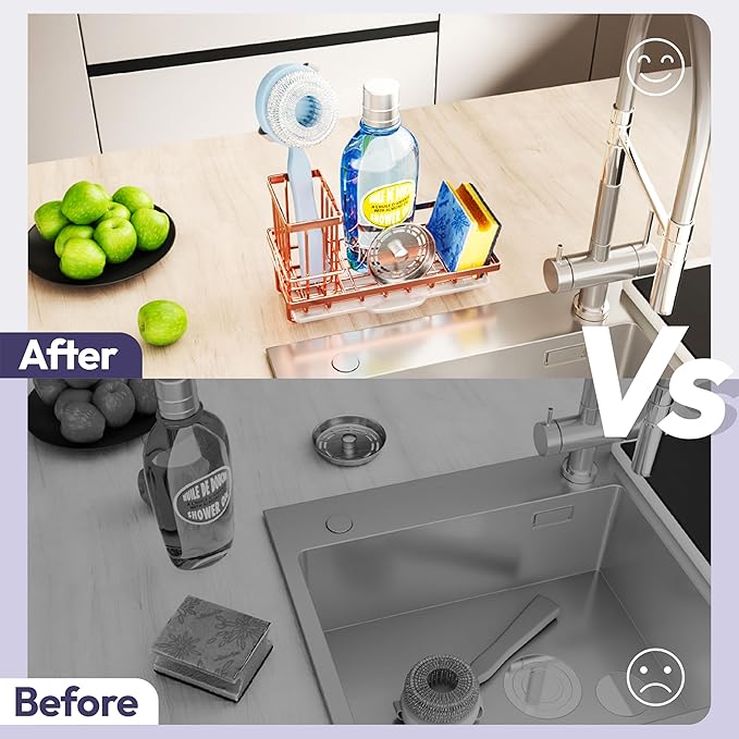 SWTYMIKI Sink Caddy Kitchen Sink Organizer with Detachable Brush Holder, Stainless Steel Sponge Holder with Removable Drip Tray Sponge Caddy for Kitchen Countertop, Rose Gold