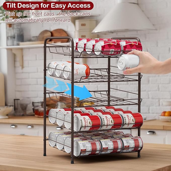 Vrisa Can Rack Organizer 5 Tier Cans Storage Organizer for Pantry Metal Can Food Holders Stacking Canned Goods Dispenser Rack Soda 60 Cans Organizers for Kitchen Pantry Cabinet, Rustic Brown