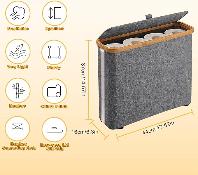 Toilet Paper Storage Basket, Oxford Cloth Papers Container with Lid, Medium Toilets Holder for Up to 12 Regular or 9 Mega Rolls, Organizer for Bathroom, Waterproof, Beige, 1 Pack (Grey)