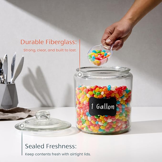 KooK Glass Kitchen Jars, Food & Cookie Storage Containers for Pantry, Bathroom Apothecary Canisters, Airtight Lids, Dishwasher Safe, with Chalk and Labels, 1 Gallon, Set of 2