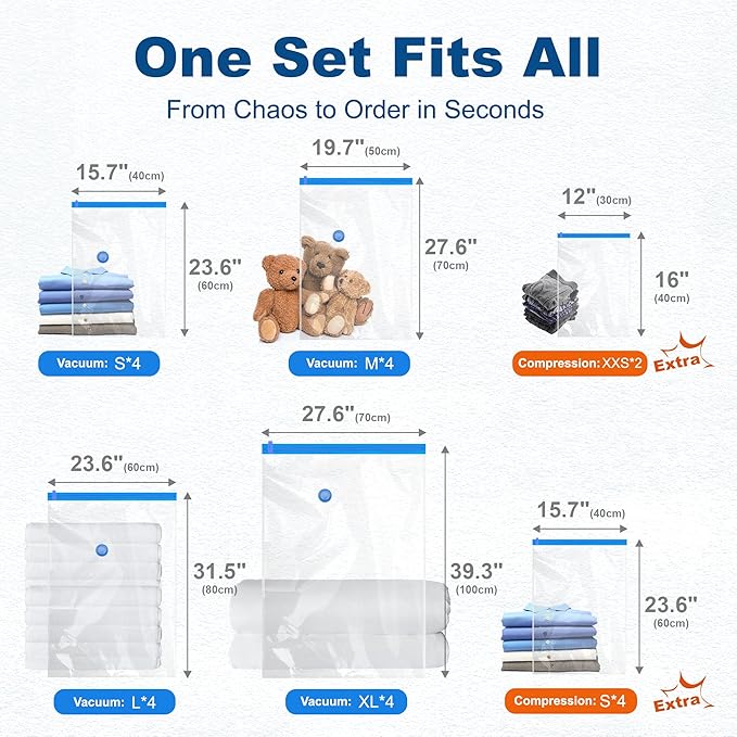 HOUSE DAY 22 Pack Vacuum Storage Bags with Pump,Space Saving Vacuum Seal Bags For Clothing Travel,4 Jumbo/4 Large/4 Medium/4 Small, 4S Roll/2XXS Roll Bags, Hand Pump Included, Sealer Clothes Storage