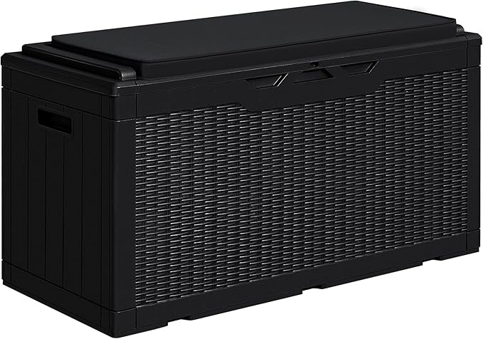 Greesum 100 Gallon Resin Deck Box Large Outdoor Storage with Cushions for Patio Furniture, Garden Tools, Pool Supplies, Weatherproof and UV Resistant, Lockable, Black