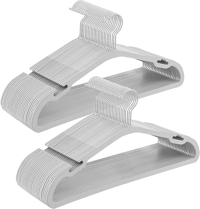 SONGMICS Clothes Hangers 50 Pack, Heavy-Duty Plastic Hangers, Coat Hangers with Wide Shoulder Notches, Pant Bar, 360° Swivel Hook, Space-Saving, 16.4 Inches, for Closet, Gray UCRP060G01