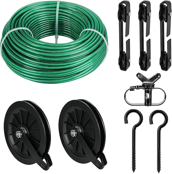 Outdoor Clothesline Kit, 150ft Green PVC Coated Galvanized Clothes Line Pulley Kit with 6.3" Clothesline Pulley, M8 Metal Hooks, 3Pcs Separator, Outdoor Clothes Line Heavy Duty
