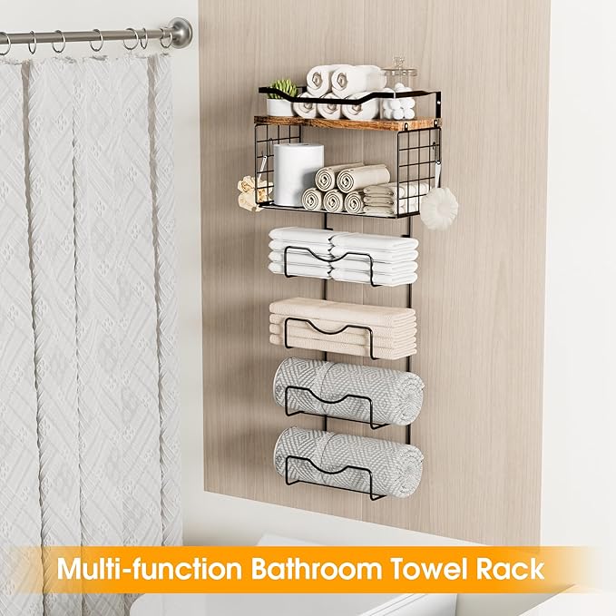 Towel Racks for Bathroom,Towel Rack Wall Mounted, 6 Tier Rolled Or Folded Towel Holder with Floating Shelves, Bathroom Towel Holder for Bath, Hand Towels,Metal and Wood