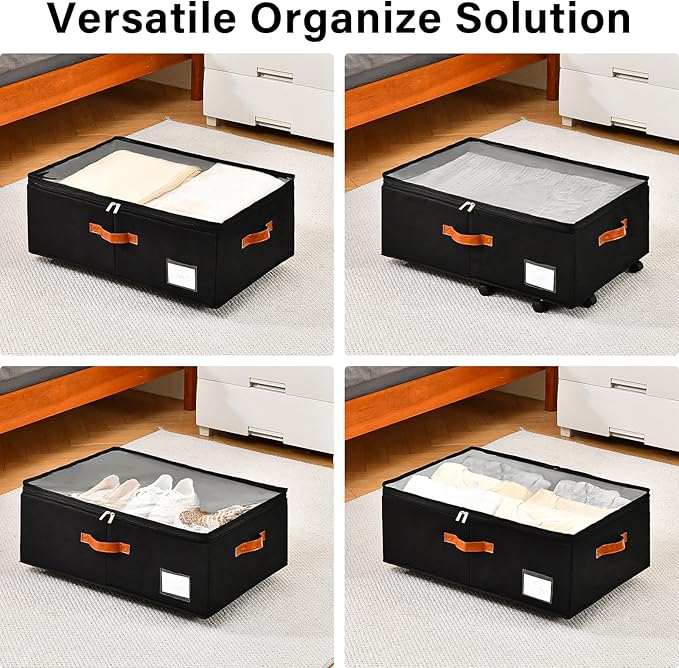 Under Bed Storage Organizer with Wheels, Underbed Container with Clear Lid Cover, Storage Bag Box with Visiable Window for Clothes, Bedsheet, Pillow, 2 Pack