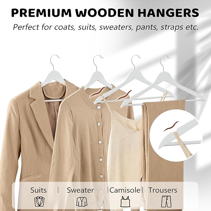 Wooden Hangers 30 Pack, Smooth Wood Hangers with 360° Swivel Hook & Notches, Slim Coat Hanger Wooden for Closet, White