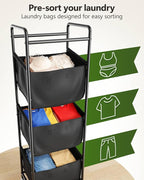 3 Section Laundry Sorter with Removable Bags, 120L Rolling Vertical Laundry Hamper, Stackable Laundry Baskets organizer for Bathroom, Apartment, Dorm (Black, With Wheel)