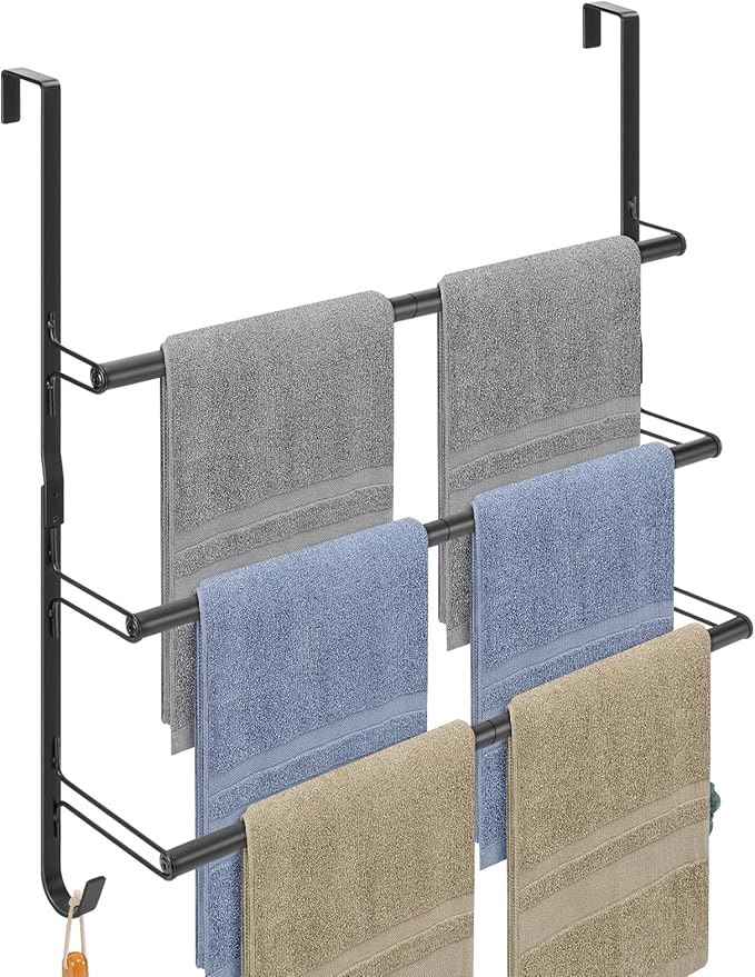 Livabber 3-Tier Over The Door Towel Rack, All Metal Towel Rack with Hooks for Door Hanging, Behind Door Towel Bar Towel Storage Holder for Bathroom Accessories, Black (22.8" L x 5.9" W x 24.4" H)