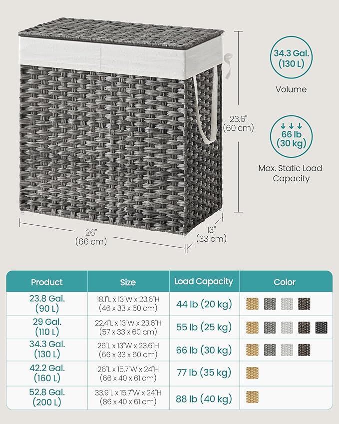 SONGMICS 130L Clothes Hamper with Lid, 2 Removable Liner Bags, 6 Mesh Bags, Wicker, Double Laundry Basket for Bathroom, 13 x 26 x 23.6 Inches, Gray ULCB253G01