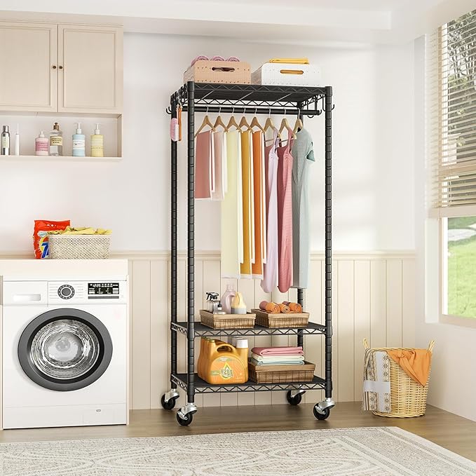 FUTASSI P6 Mini Rolling Clothes Rack Heavy Duty, Clothing Racks for Hanging Clothes, Freestanding Garment Rack with Wheels, Portable Closet Rack Max Load 360LBS, 23.6''W x 14''D x 74.6''H, Black