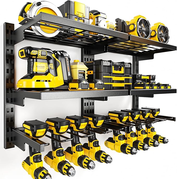 Large Modular Power Tool Organizer Wall Mount With 6 Adjustable Shelf, Heavy Duty Iron Tool Storage Rack Loads 300lbs with 8 Cordless Tools Drill Holder,Battery Utility Rack for Garage Workshop